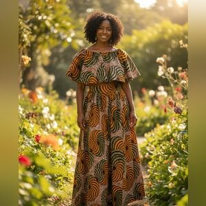 African Print Multicolor Off-Shoulder Crop Top And Wide Leg Pants Set